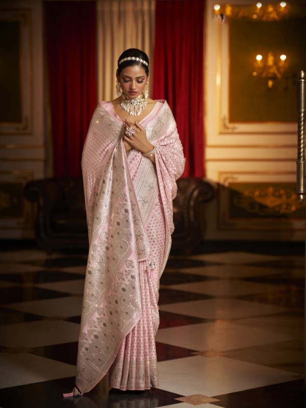 Fancy Silk Fabric Party wear Saree In Light Pink color with Swaroskvi Work 