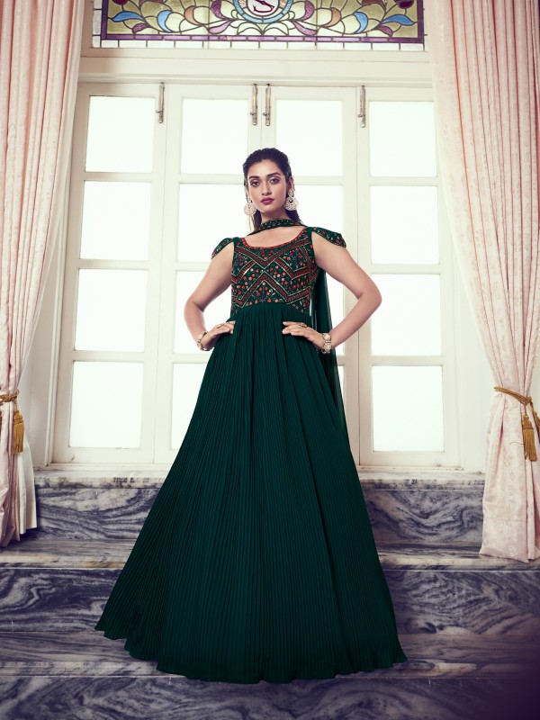  Georgette Fabrics Party Wear Gown Green Color With Embroidery Work