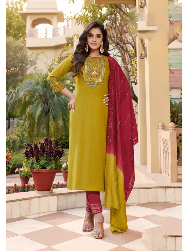 Pure Rayon Viscose Casual Wear Yellow Color With Embroidery Work