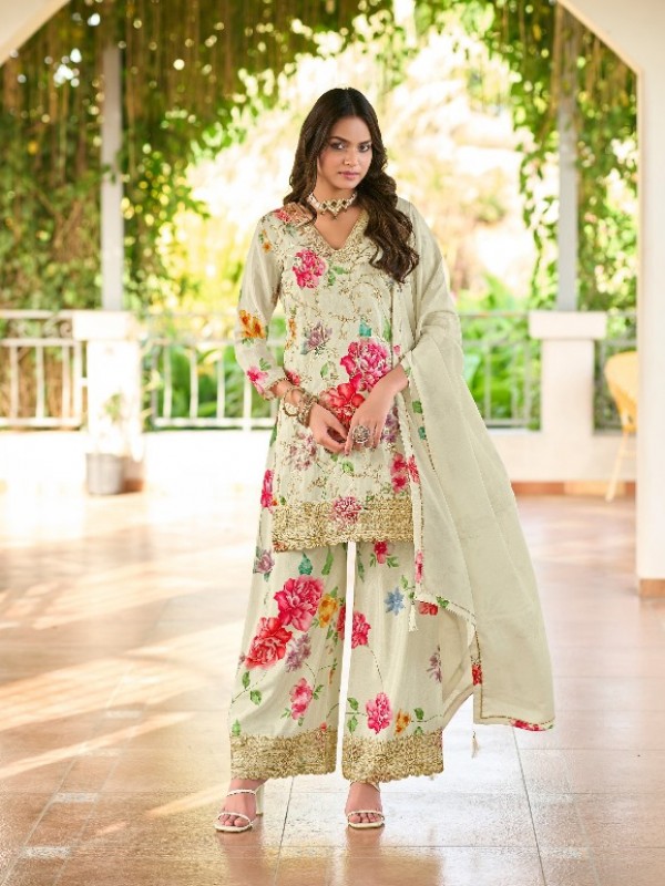 Pure Chinon Silk Party Wear Sharara In Off White Color with Embroidery Work