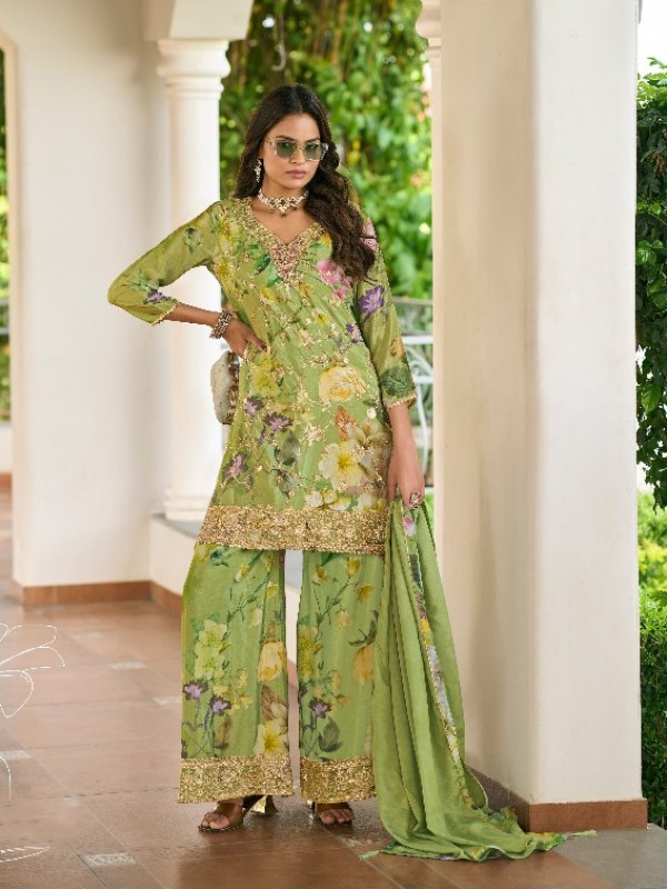 Pure Chinon Silk Party Wear Sharara In Lime Green Color with Embroidery Work