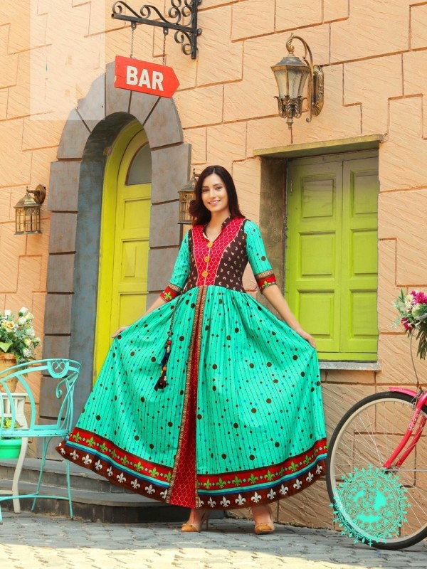  Heavy Rayon & Cotton Fabrics Long Kurti In Turquoise Color With Embroidery Work