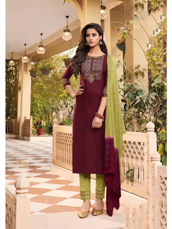 Pure Rayon Viscose Casual Wear Maroon Color With Embroidery Work