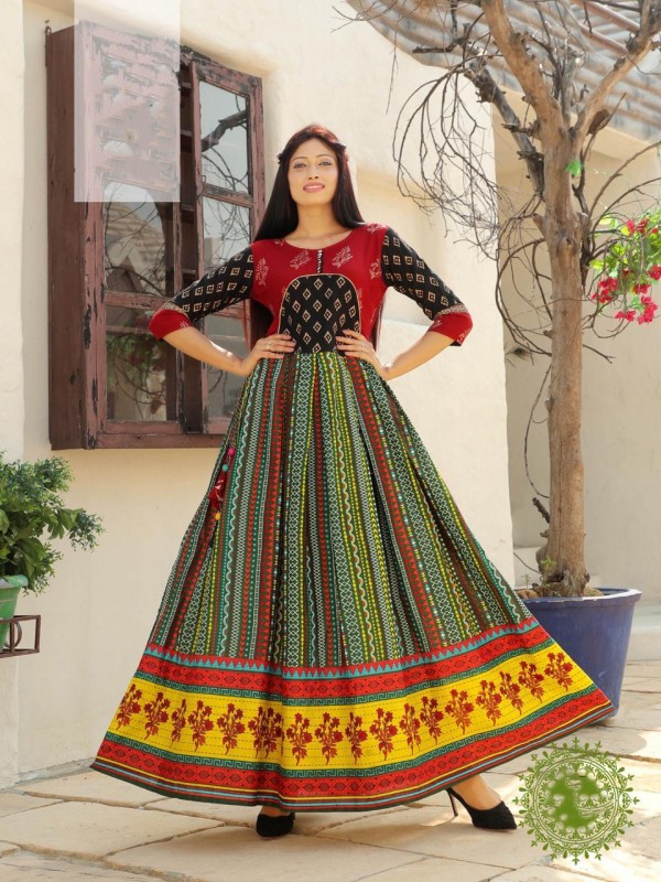  Heavy Rayon & Cotton Fabrics Long Kurti In Multi Color With Embroidery Work