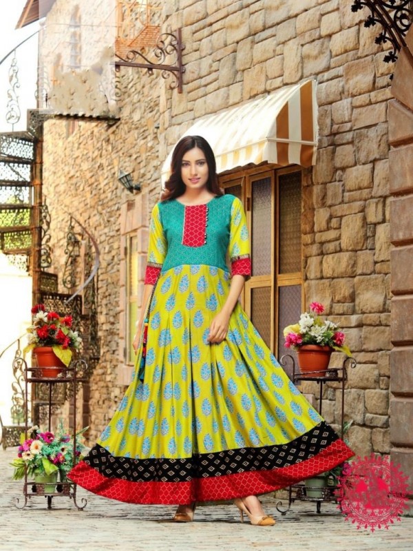  Heavy Rayon & Cotton Fabrics Long Kurti In Multi Color With Embroidery Work
