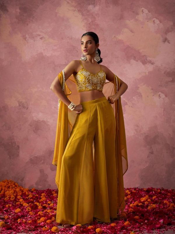 Georgette Silk Party Wear Sharara In Yellow Color with Handwork 