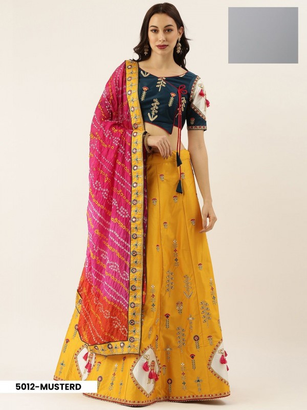 Pure Silk Mahendi Sangeet Wear Lehenga In Mustard Color With Embroidery Work 