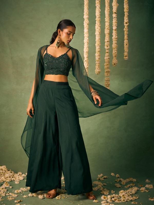Pure Chinnon Silk Party Wear Sharara Green Color with Handwork 