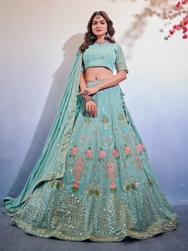 Pure Georgette Party Wear Wear Lehenga In Sea Blue With Embroidery Work 