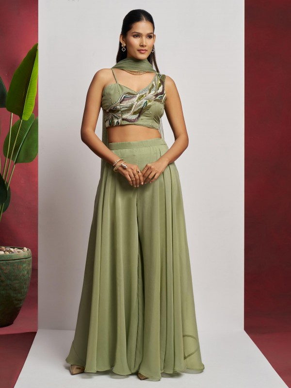 Pure Georgette Silk Party Wear Suit Lime Green Color with Embroidery work