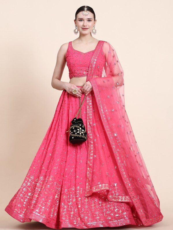 Pure Georgette Party Wear Wear Lehenga In Pink With Embroidery Work 