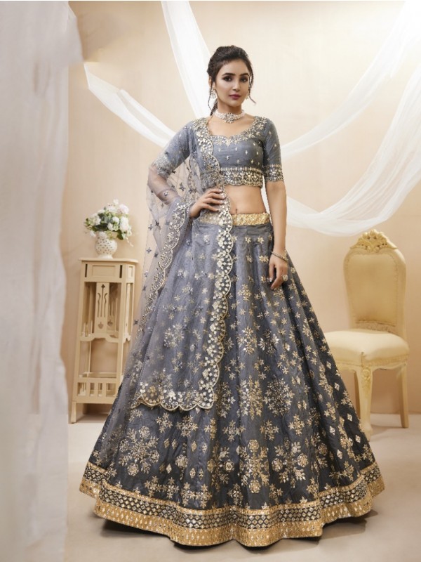 Art Silk  Party  Wear Lehenga In Grey Color  With Embroidery Work