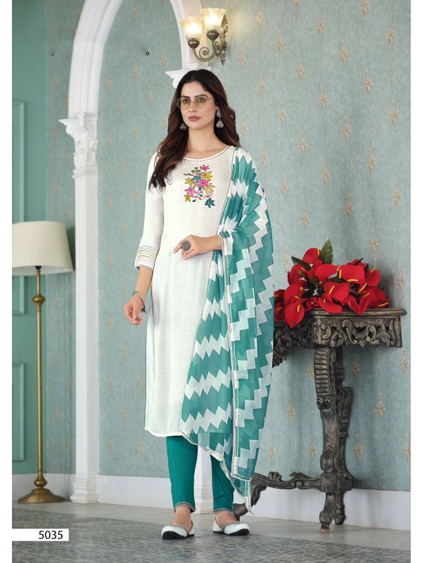 Reyon Casual Wear Suit in  White Color with Embroidery Work