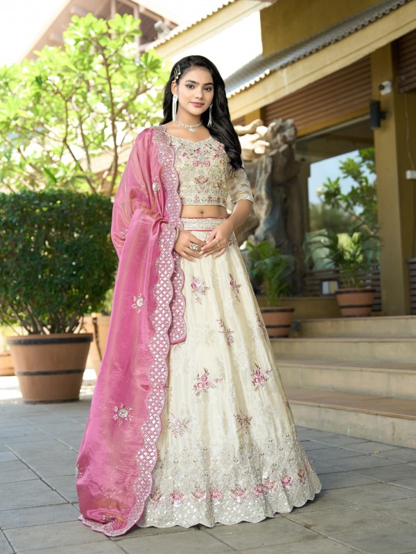 Pure Cosmos Jacquard Fabric Wedding Wear Lehenga In Cream Color With Embroidery Work