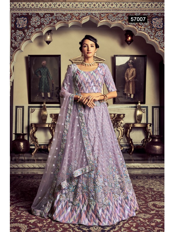 Geogratte Fabrics  Wedding Wear Lehenga in Lilac Color With Embroidery Work