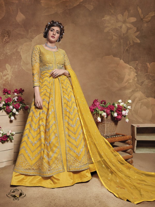Soft Premium Net Wedding Wear Readymade Gown  In Yellow  Embroidery Work