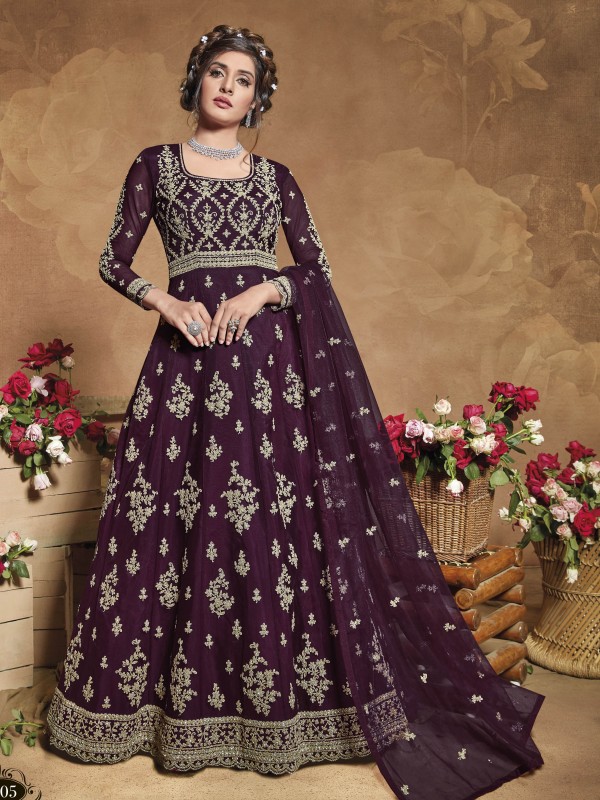 Soft Premium Net Wedding Wear Readymade Gown  In Violet Embroidery Work