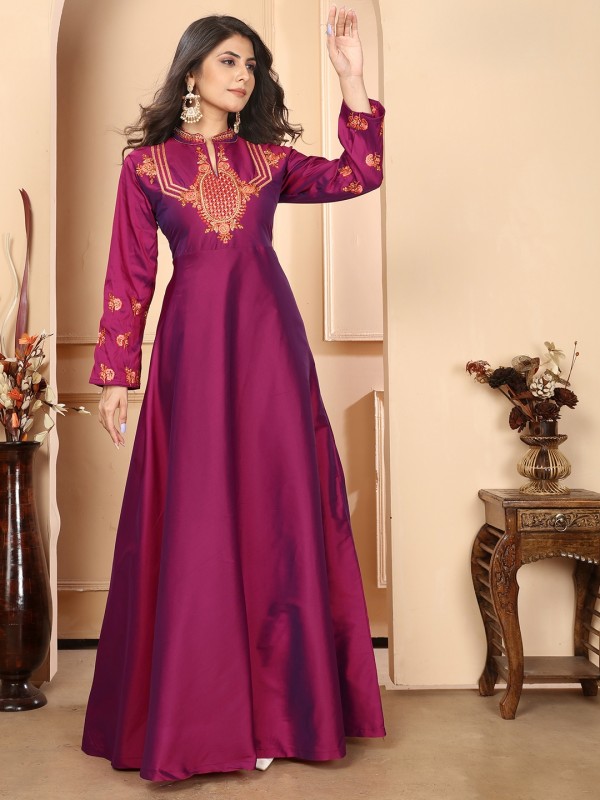 Pure Silk Party Wear Gown In Dark Pink Color with Embroidery Work