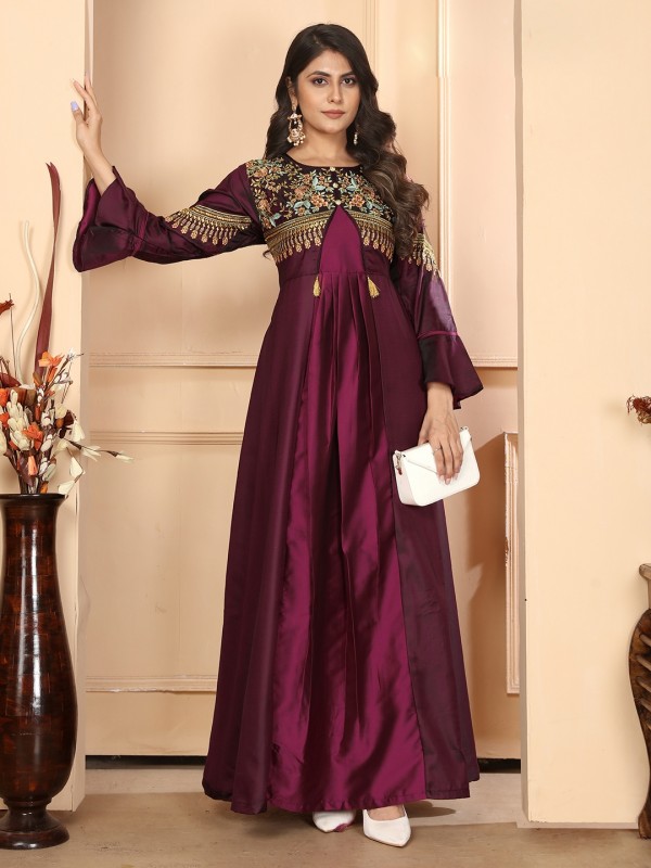 Pure Silk Party Wear Gown In Dark Purple Color with Embroidery Work