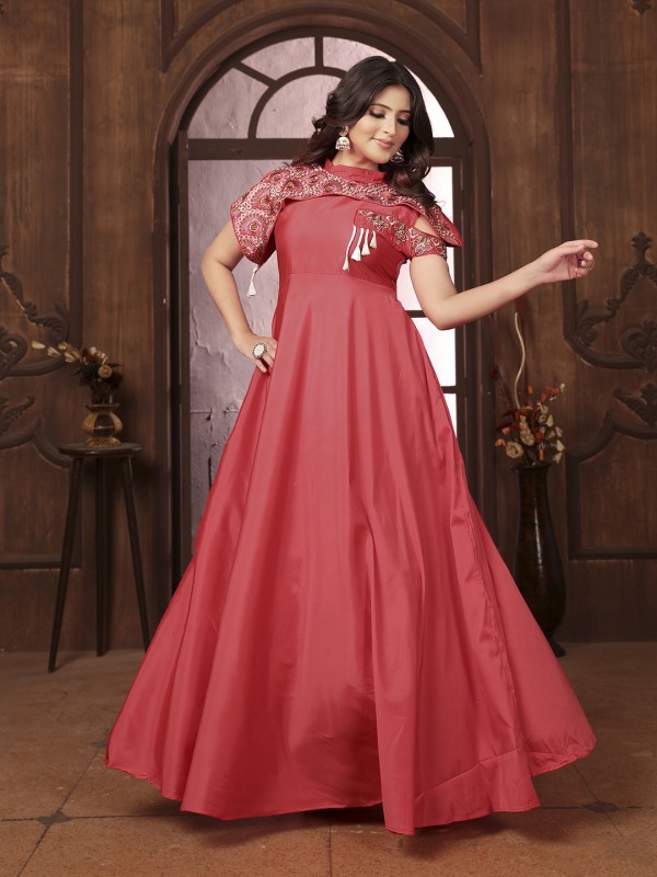 Pure Silk Party Wear Gown In Rose Pink Color with Embroidery Work