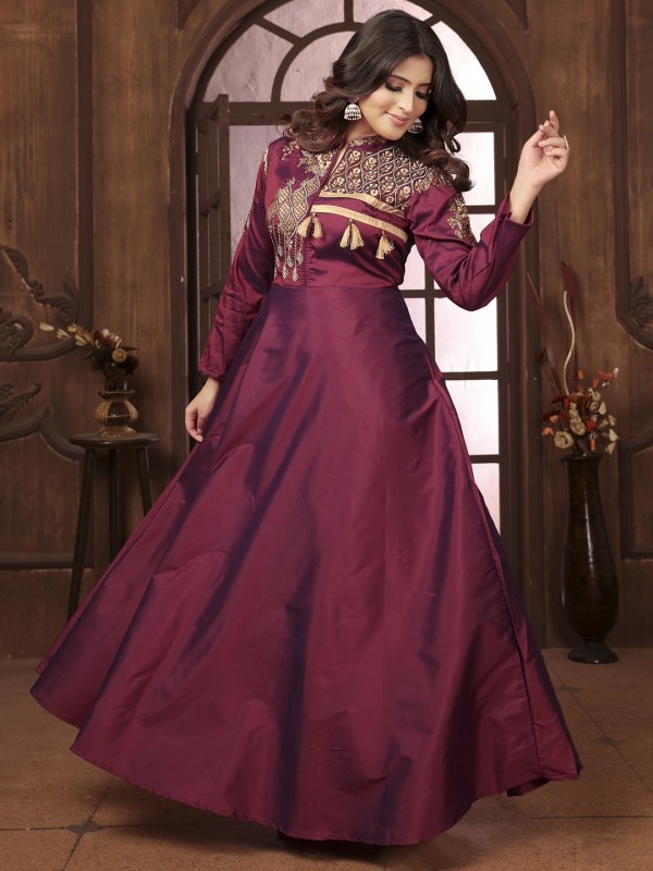 Pure Silk Party Wear Gown In Maroon Color with Embroidery Work