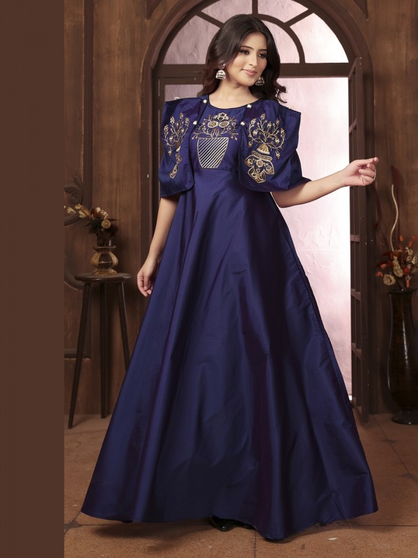 Pure Silk Party Wear Gown In Blue Color with Embroidery Work