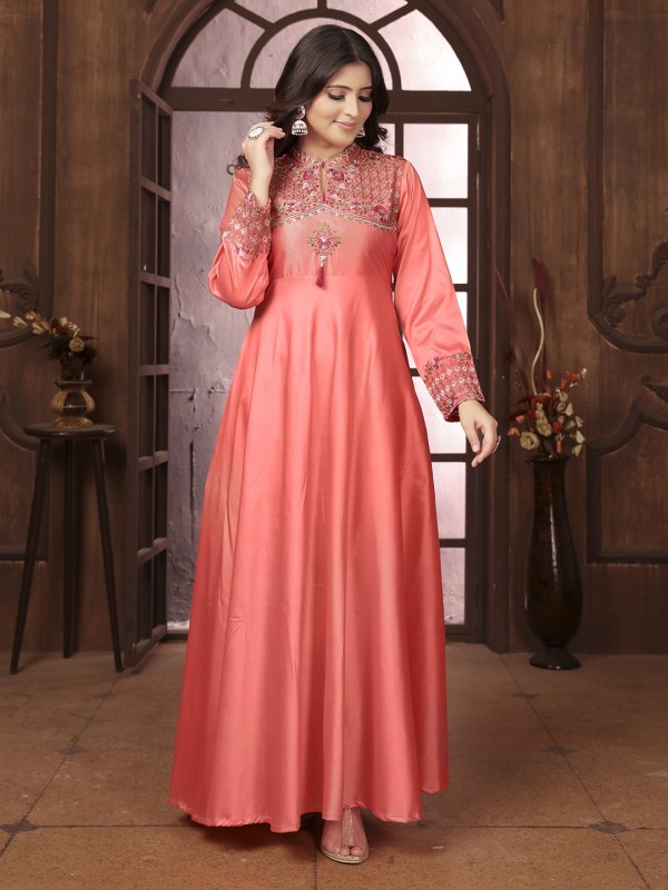 Pure Silk Party Wear Gown In Peach Color with Embroidery Work