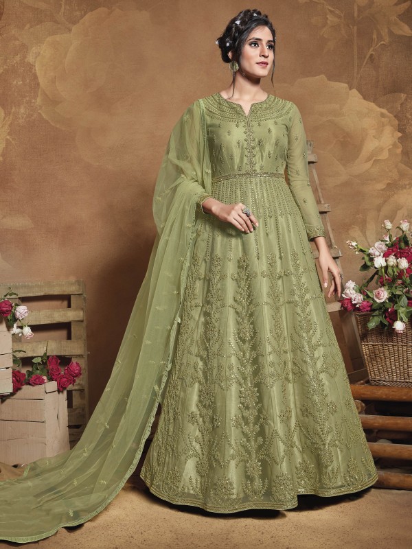 Soft Premium Net Wedding Wear Readymade Gown  In  Green Embroidery Work &Sequence Work