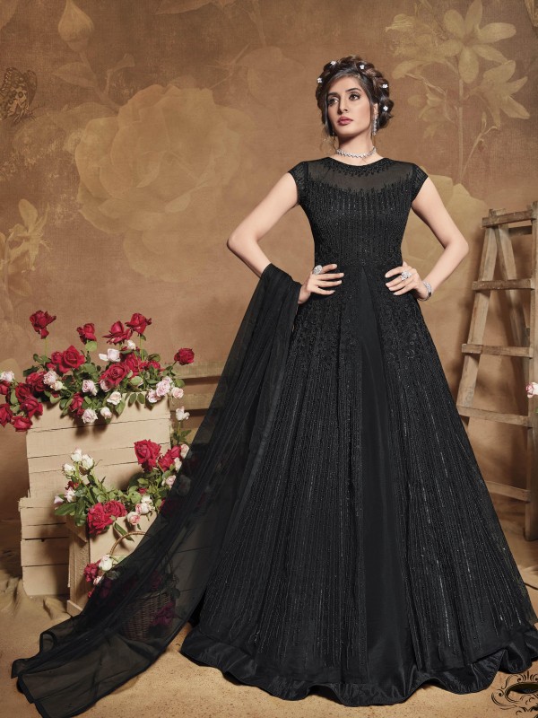 Soft Premium Net Wedding Wear Readymade Gown  In Black Embroidery Work &Sequence Work