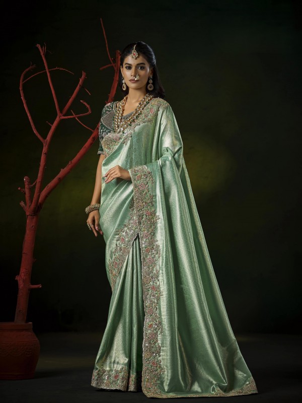 Pure Silk Wedding wear Saree In Light Green Color with Embroidery Work 