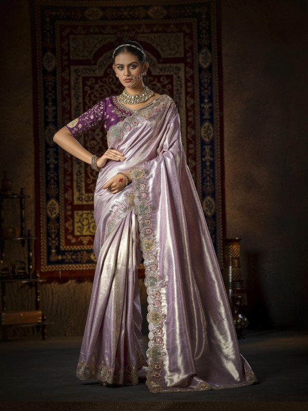 Pure Silk Wedding wear Saree In Light Purple Color with Embroidery Work 