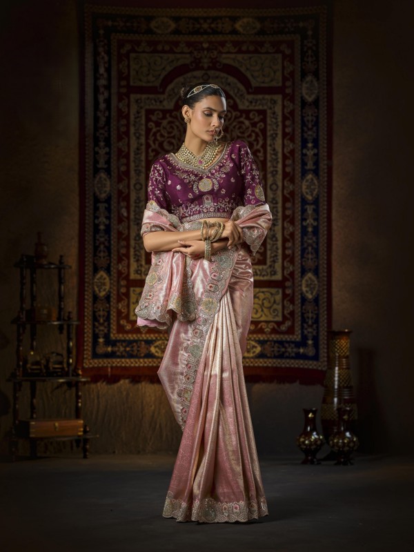 Pure Silk Wedding wear Saree In Light Pink Color with Embroidery Work 