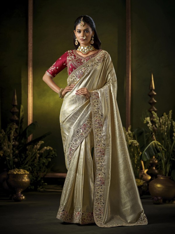 Pure Silk Wedding wear Saree In Cream Color with Embroidery Work 