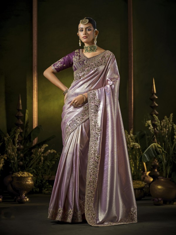 Pure Silk Wedding wear Saree In Light Purple Color with Embroidery Work 