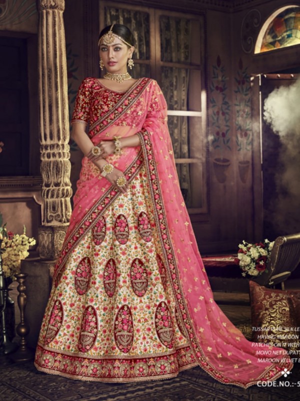 Pure Raw Silk Bridal Wear Lehenga In Tussar Color With Embroidery Work & Stone Work 