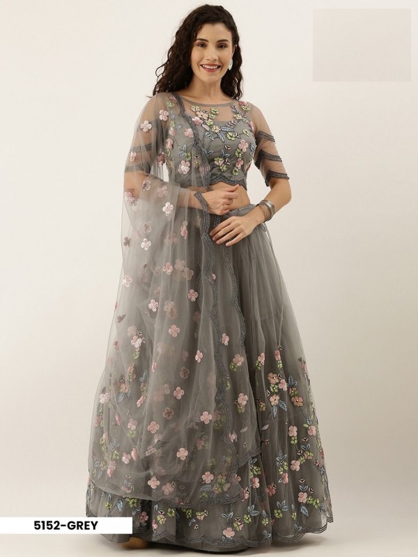 Soft Premium Net  Mahendi Sangeet Wear Lehenga In Grey Color With Embroidery Work 