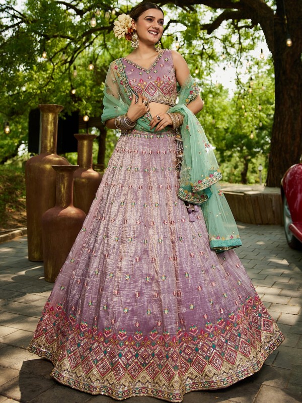 Pure Tissue Silk fabric Wedding Wear Lehenga In Lavender Color With Embroidery Work 