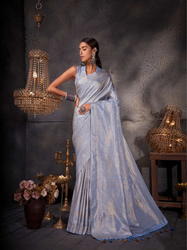 Kanjivaram Silk  Saree Grey Color With Weaving Work