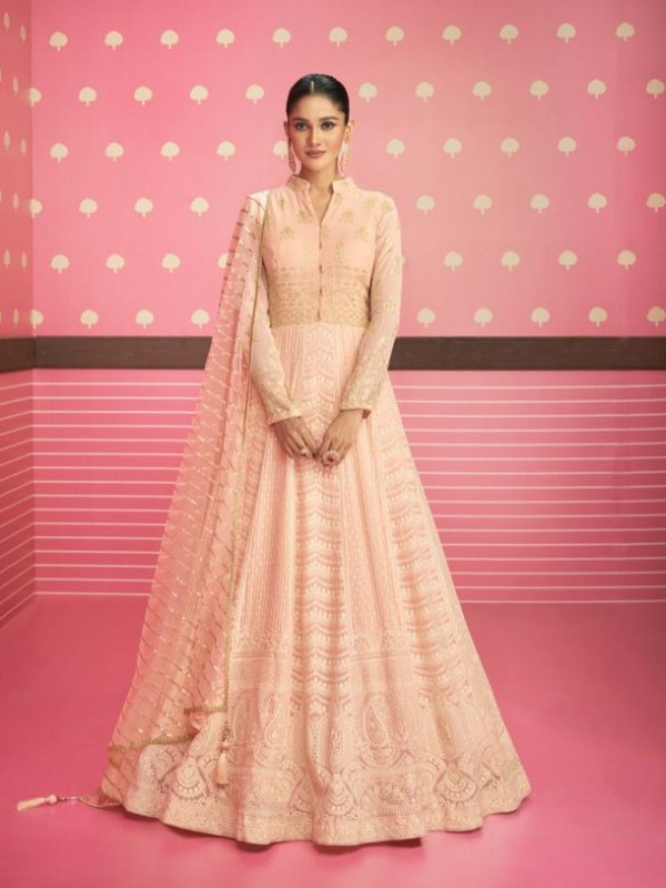 Real Georgette Party Wear Gown Pink Color with  Embroidery Work