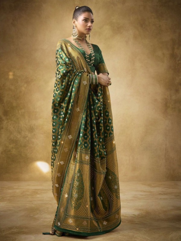 Fancy Silk Fabric Party wear Saree In Green Color with Swaroskvi Work 