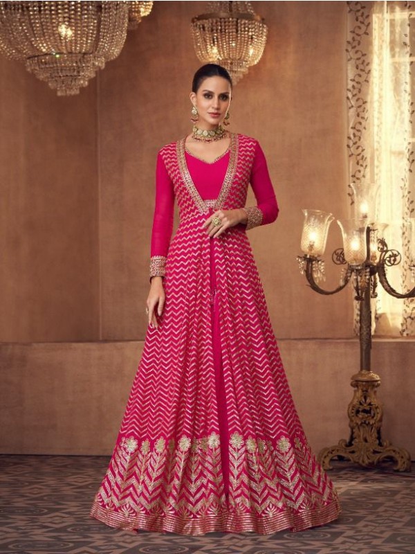 Real Georgette Party Wear Gown Pink Color with  Embroidery Work
