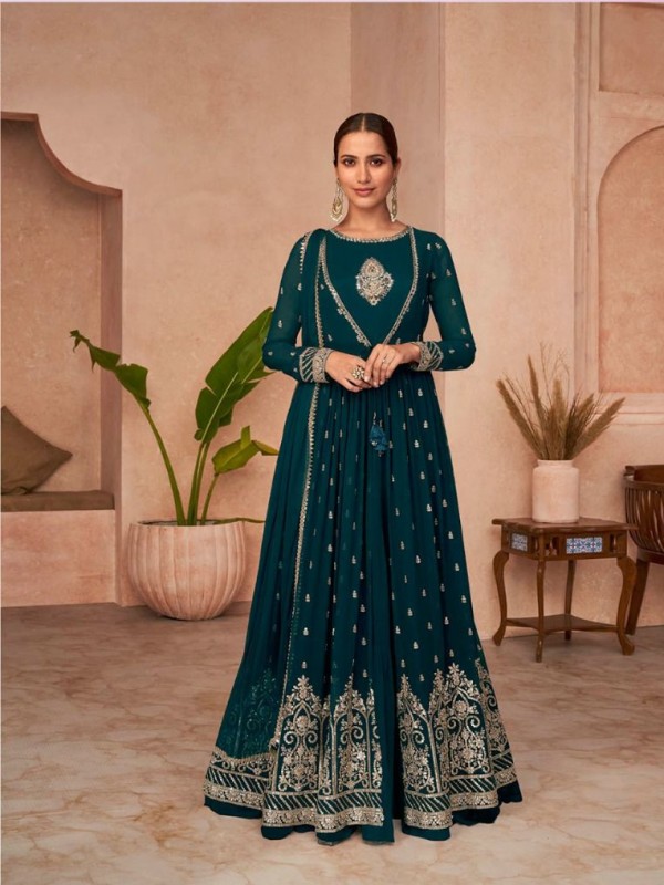 Geogratte  Fabrics Party Wear Gown In Teal Blue Color With Embroidery Work