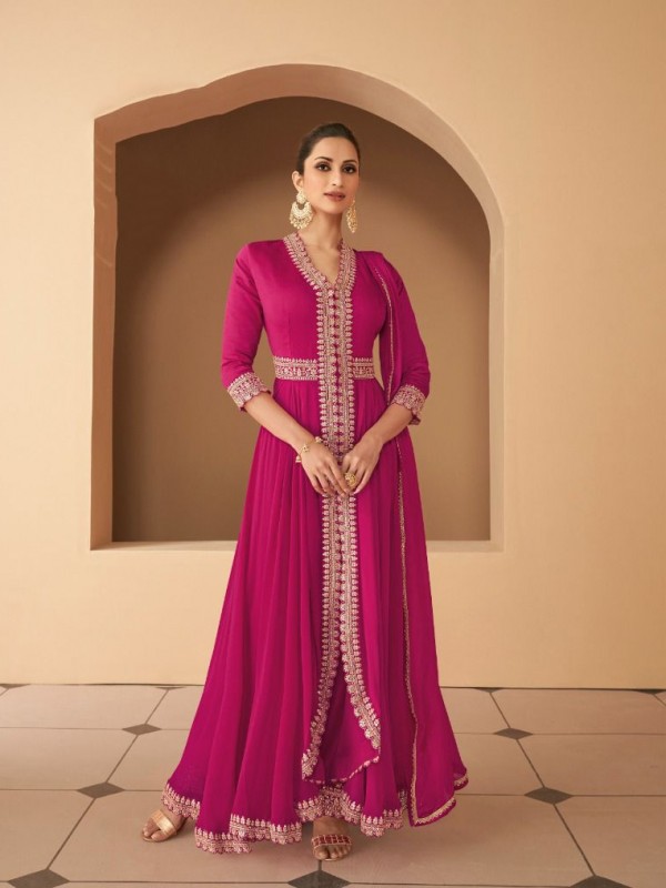 Georgette  Fabrics Party Wear Gown In Magenta Color With Embroidery Work