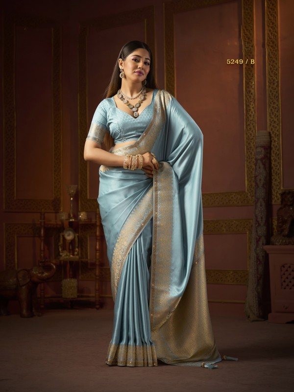 Pure Silk Party wear Saree In Sea Blue Color with Swaroskvi Work 