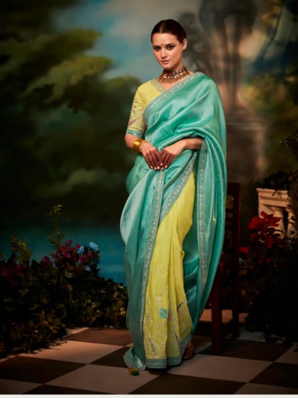  Soft  Silk Saree In Sea Green & Yellow  Color With Embroidery  Work