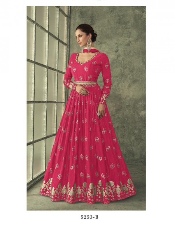 Premium Viscose Silk  Party Wear Gown In Pink With Embroidery Work 