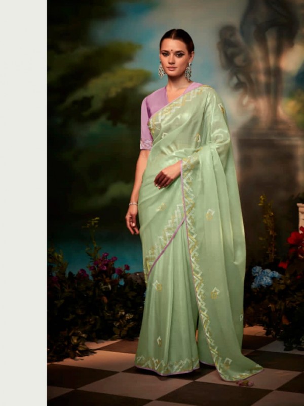 Organza   Silk Saree In Green Color With Stone Work