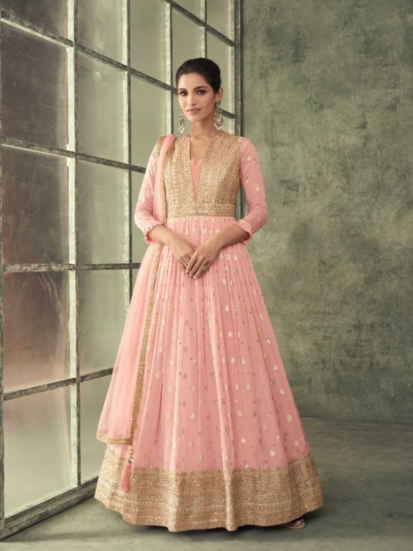Premium Viscose Silk  Party Wear Gown In Pink  With Embroidery Work 