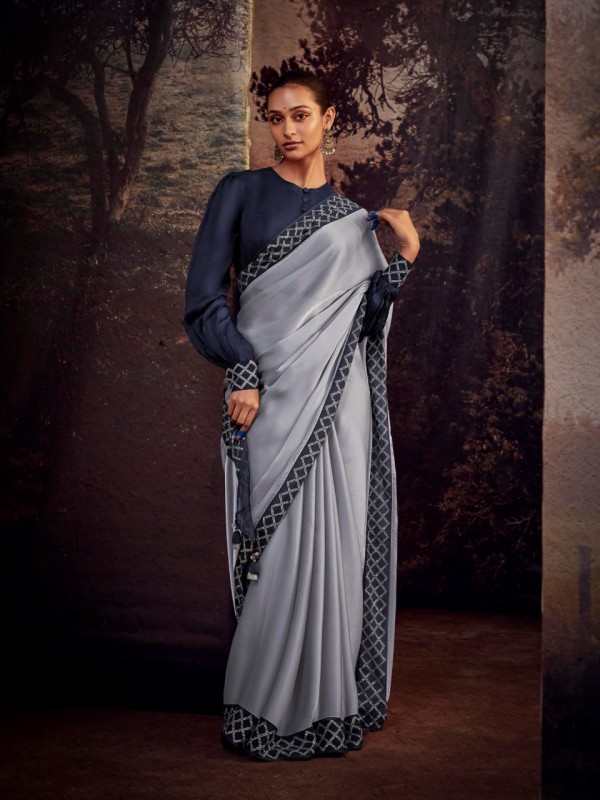  Silk Saree In Grey Color With Embroidery  Work