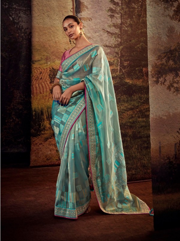  Silk Saree In Sea Blue Color With Embroidery  Work